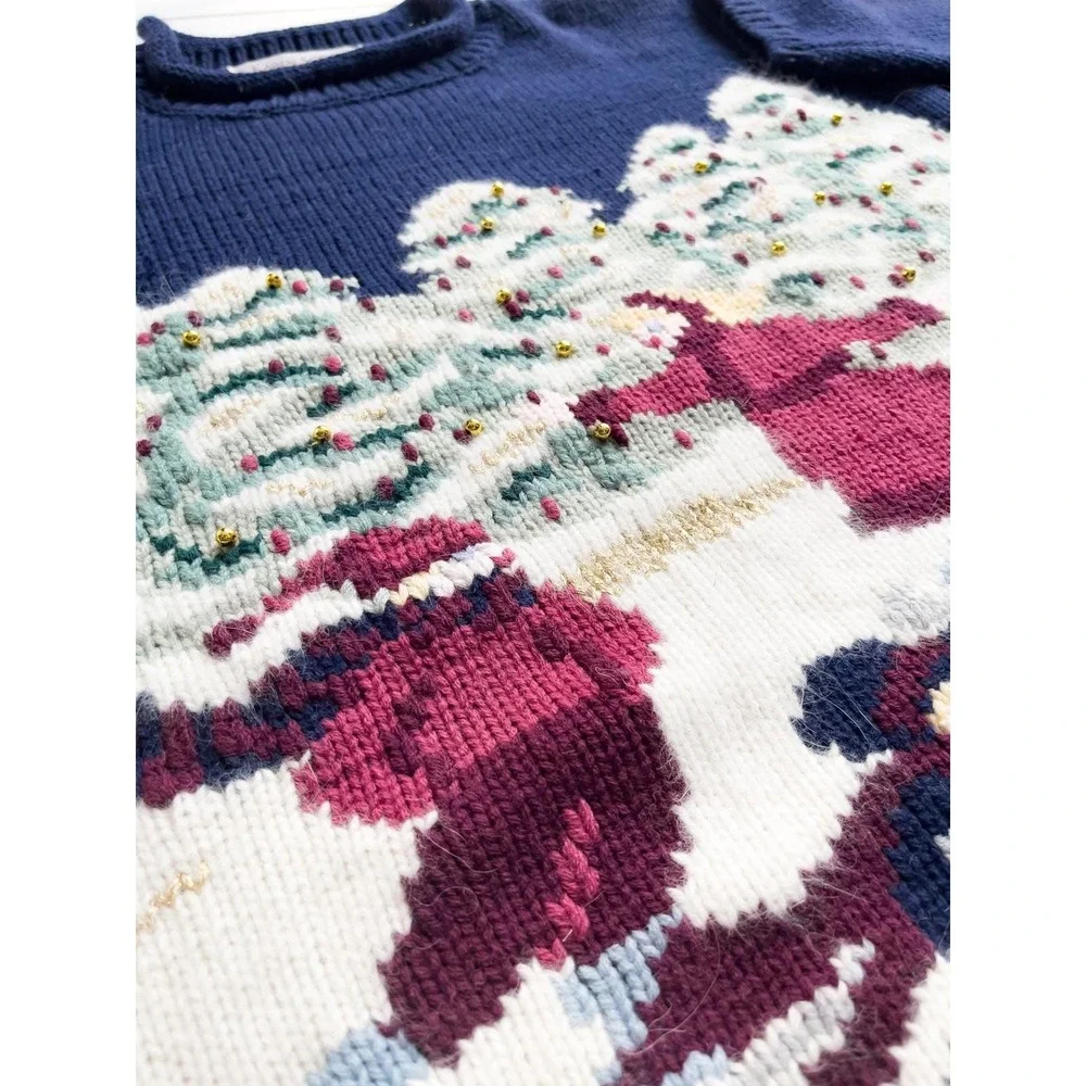 vtg Karen Scott ice skating hand knit Christmas wool sweater size L‎